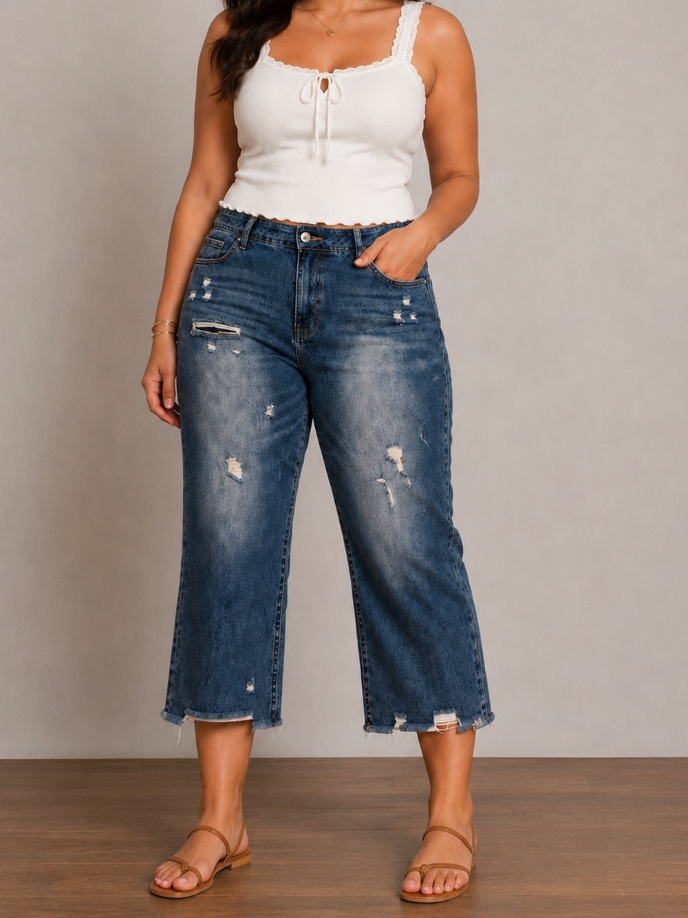 Flamingals Distressed Cropped Jeans Plus Size 3X (Run Small)Frayed Hem Denim